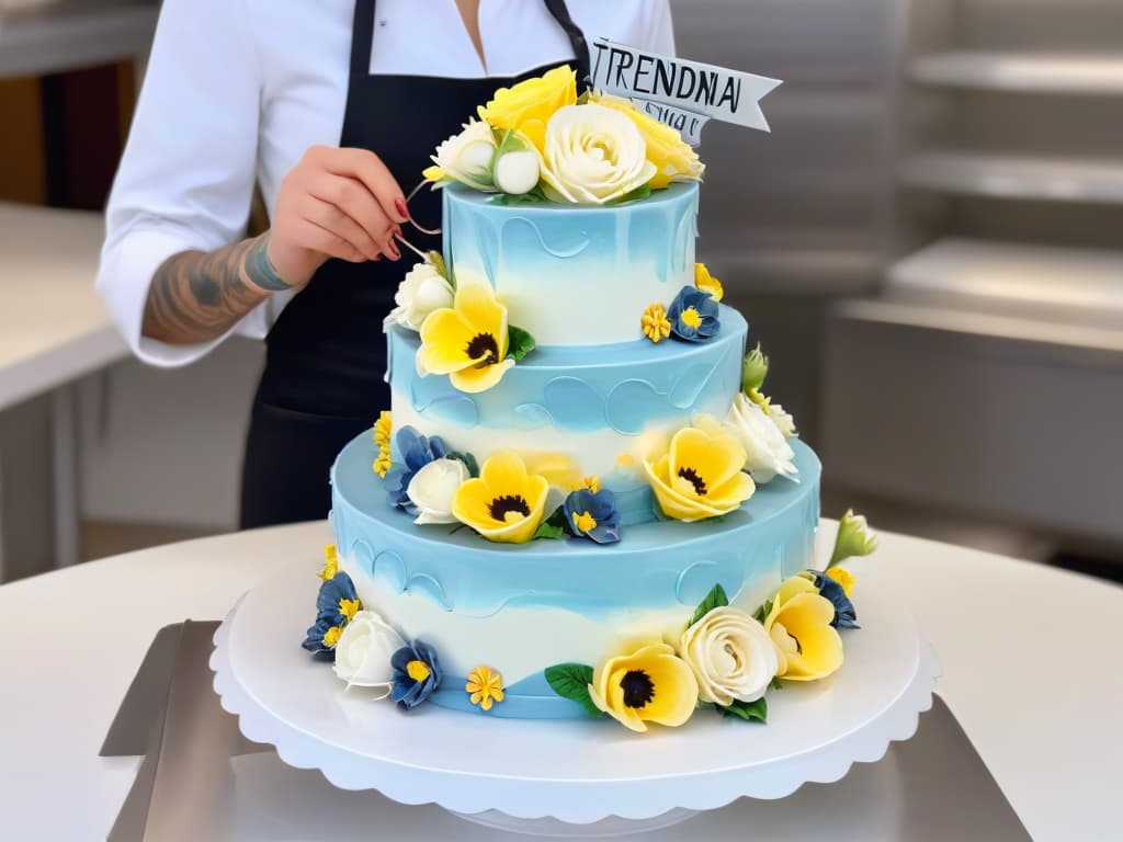  An ultradetailed closeup image of a professional baker's hands delicately piping intricate frosting designs onto a beautifully crafted threetiered wedding cake. The baker's hands are adorned with colorful tattoos that peek out from under rolledup sleeves, adding a modern and artistic touch to the traditional art of cake decorating. The cake itself is elegantly decorated with cascading sugar flowers in soft pastel hues, showcasing the skilled craftsmanship and attention to detail that epitomize the work of a professional pastry chef. hyperrealistic, full body, detailed clothing, highly detailed, cinematic lighting, stunningly beautiful, intricate, sharp focus, f/1. 8, 85mm, (centered image composition), (professionally color graded), ((bright soft diffused light)), volumetric fog, trending on instagram, trending on tumblr, HDR 4K, 8K