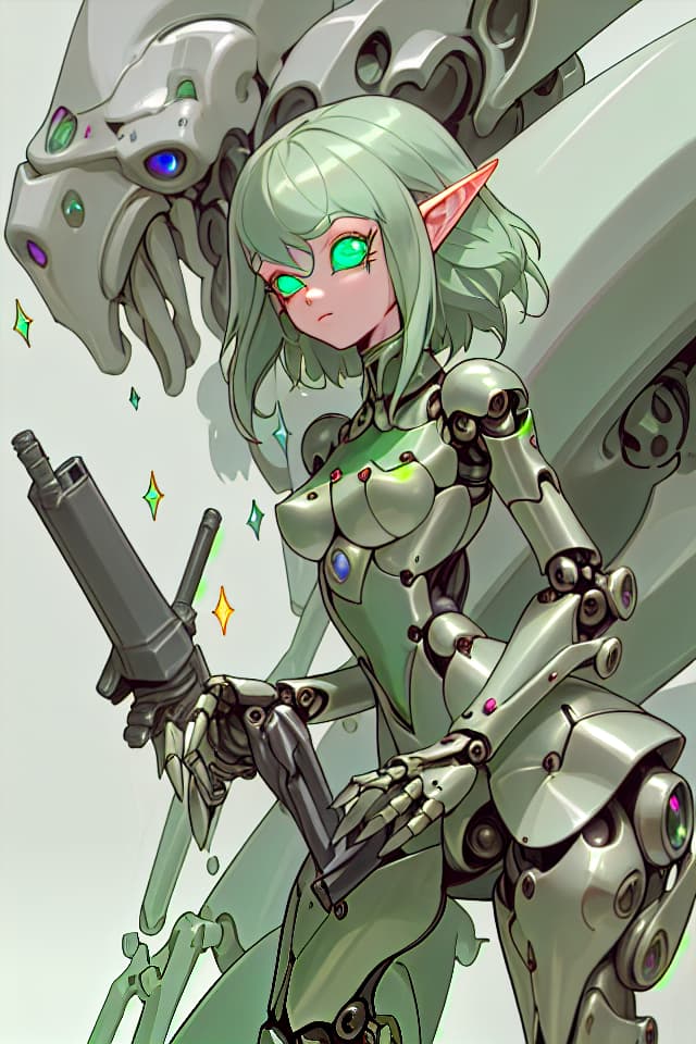  (absurdres,highres,superlative),((texture,contrast)),((masterpiece,top quality)),(fantasy,science fiction),((pastel green thema)),(madeon),(((solo))),(robot girl,robot joints),(beautiful face,beautiful eyes,sparkling eyes),(mechanical head,elf face,pointy ears,metal skin),(no feet,no hand),mechanical body,mechanical arms with weapon,oversized gun,oversized sword,mechanical legs,standing,open stance,