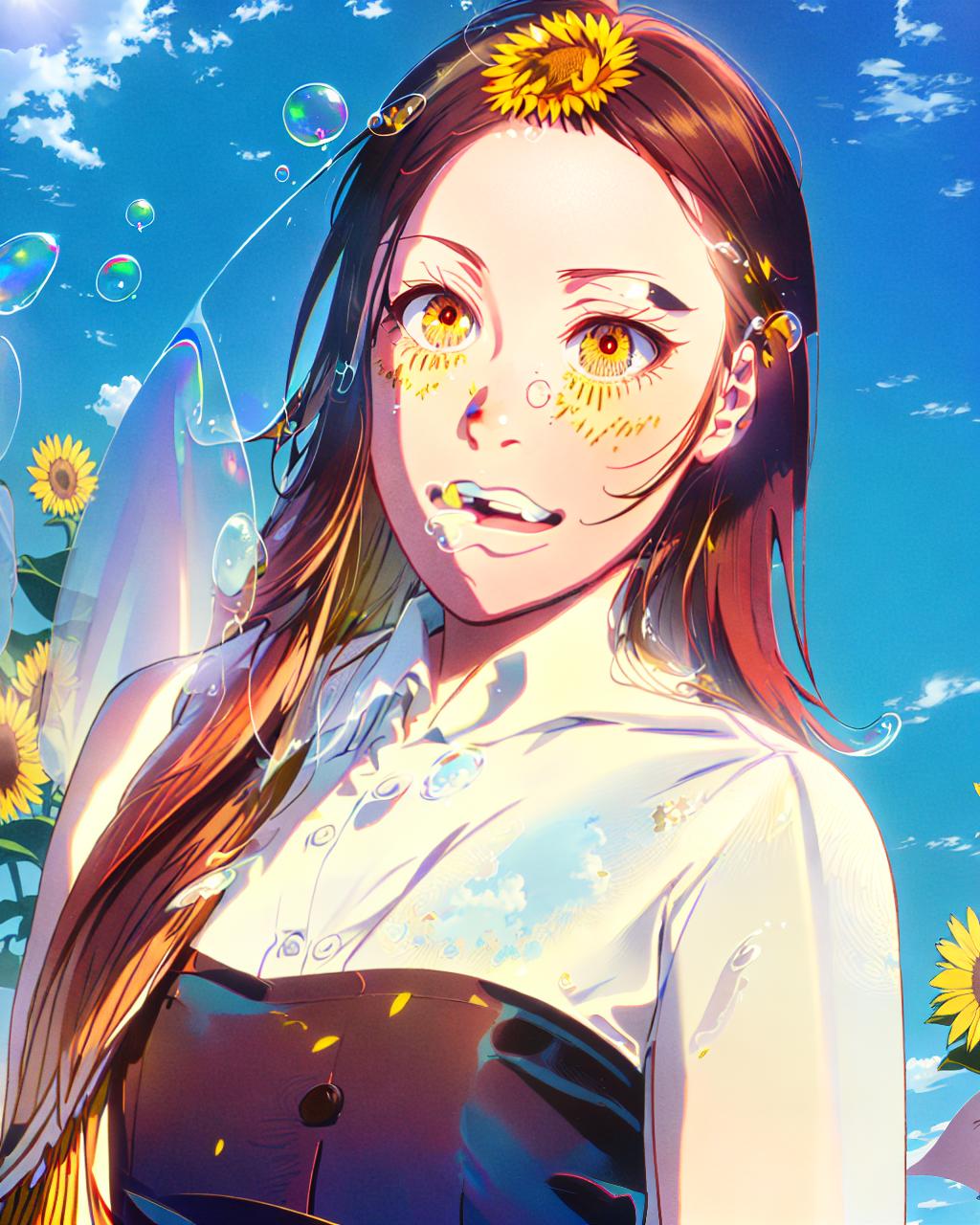  1, twin turbo \(umamusume\), sunflower, solo, flower, , outdoors, shirt, sky, uniform, bow, cloud, white shirt, pleated , red bow, bowtie, short sleeves, day, red bowtie, collared shirt, standing, bangs, blue sky, black , yellow flower, blush, heterochromia, (bubble), waving, waving arm, arm behind back, closed mouth, smile, 