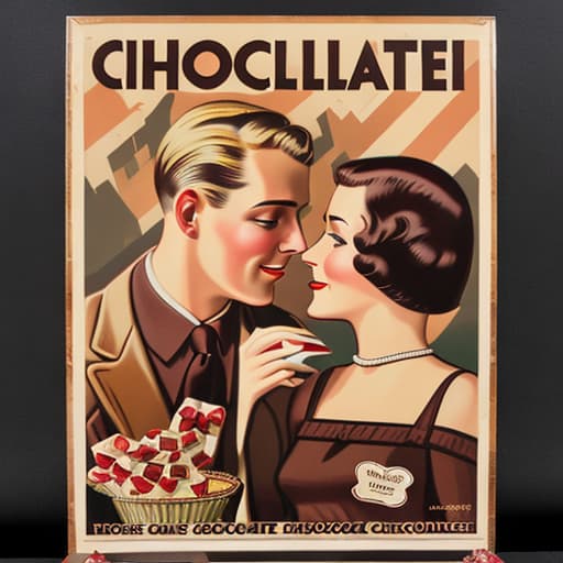  Vintage 1930’s chocolate advertising posters with a romantic couple. Foreground, pieces of fine dark chocolate in candy cups