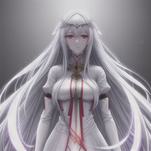  A madure anime girl with white and long hair, with red eyes, and a white skin, with an apareance of a godnness hyperrealistic, full body, detailed clothing, highly detailed, cinematic lighting, stunningly beautiful, intricate, sharp focus, f/1. 8, 85mm, (centered image composition), (professionally color graded), ((bright soft diffused light)), volumetric fog, trending on instagram, trending on tumblr, HDR 4K, 8K