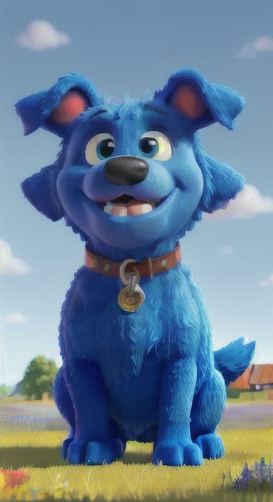  {A happy, big blue dog wagging its tail in a colorful meadow, The big blue dog is large with sky blue fur, big round eyes, a black nose, and floppy ears.