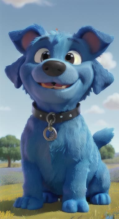  {A happy, big blue dog wagging its tail in a colorful meadow, The big blue dog is large with sky blue fur, big round eyes, a black nose, and floppy ears.