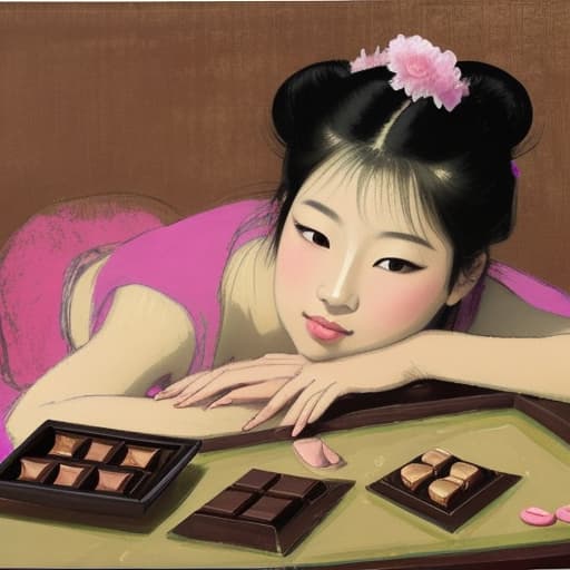  Attractive Beautiful young Asian reclining with moist pink open lips. Forground is plates of fine dark chocolates. Background is a Asian palace. Painting style of Edgar Degas