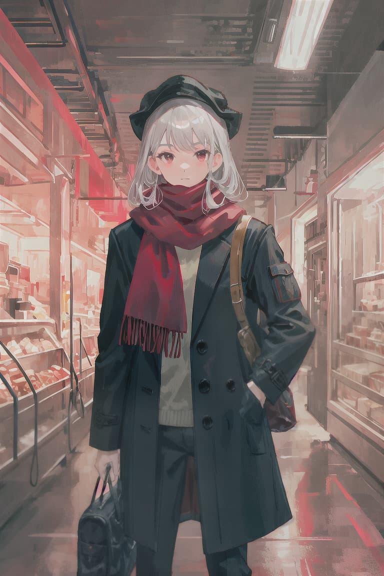  master piece , best quality,Gray hair, male, red scarf, long black coat, adventurer