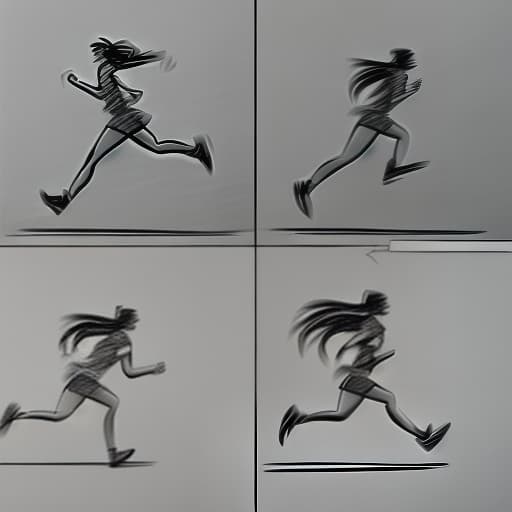  side portrait of a girl running, in six frames, each frame shows a different running movement, simple pencil drawing lines.