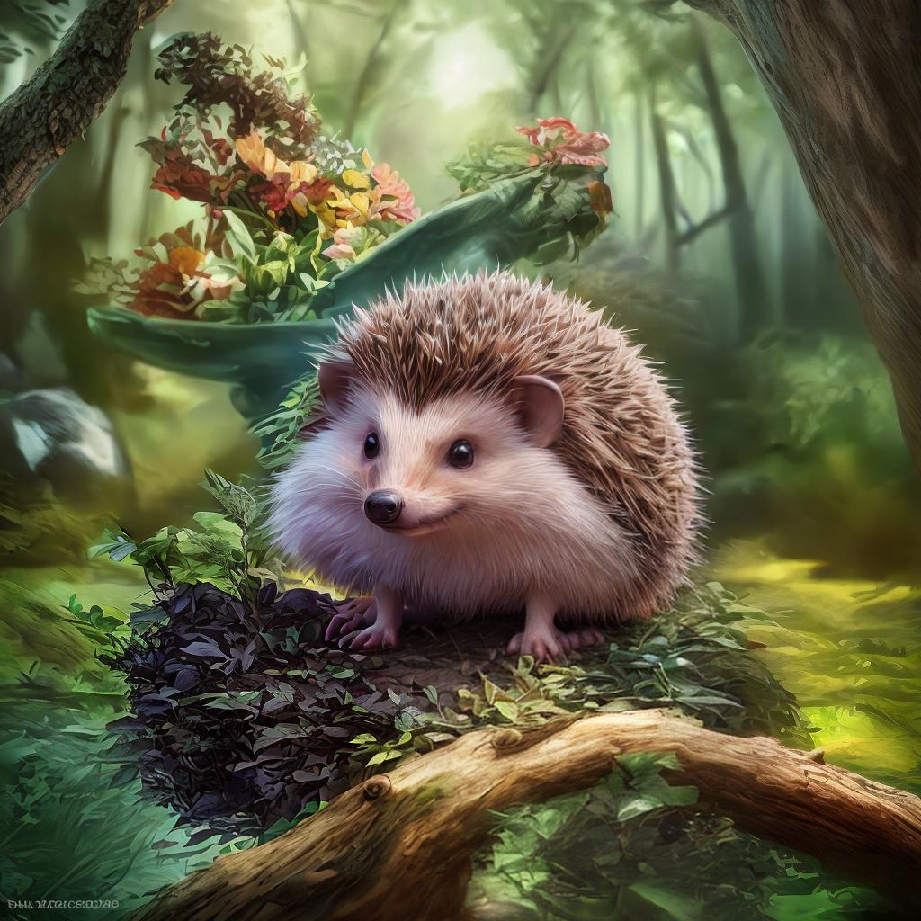  Cute comic hedgehog in forest setting, vibrant colors, cartoon style, detailed fur texture, hedgehog curled up in a ball, surrounded by trees and foliage, playful expression, soft lighting, style cartoon, styles for printing, advanced detail processing., best quality, ultrahigh resolution, highly detailed, (sharp focus), masterpiece, (centered image composition), (professionally color graded), ((bright soft diffused light)), trending on instagram, trending on tumblr, HDR 4K