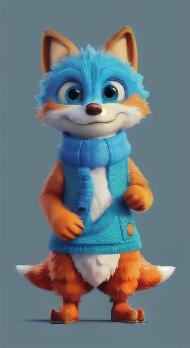  {Error the fox pressing the blue button with his paw, looking puzzled as nothing occurs., Error is a small, bright orange fox with a fluffy tail and big, inquisitive eyes. He has a mischievous yet kind expression and wears a tiny green scarf.