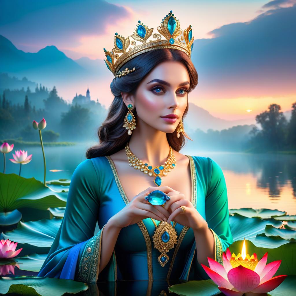  ethereal fantasy concept art of (Background): a lake with blooming lotuses of different shades: from white pink to bright crimson and leaves of tender green colour. The sky above the lake of dark blue colour with golden stars scattered on it. (Fantasy Princess Frog): in the centre of the lake on the biggest lotus flower sits a charming frog in a golden crown decorated with blue and blue precious stones. In his paws he holds a ring decorated with blue stones. Style: fantasy, Russian fairy tales, illustrations. . magnificent, celestial, ethereal, painterly, epic, majestic, magical, fantasy art, cover art, dreamy hyperrealistic, full body, detailed clothing, highly detailed, cinematic lighting, stunningly beautiful, intricate, sharp focus, f/1. 8, 85mm, (centered image composition), (professionally color graded), ((bright soft diffused light)), volumetric fog, trending on instagram, trending on tumblr, HDR 4K, 8K