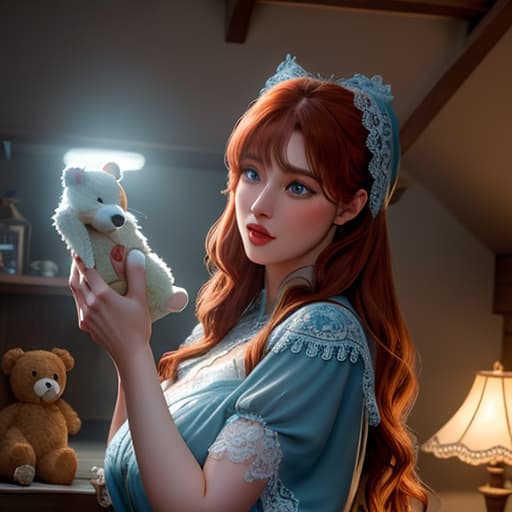  In a dimly lit attic playroom, filled with nostalgic memorabilia and forgotten toys, a 18 with sparkling blue eyes and untamed auburn hair ly poses. She cradles her cherished teddy bear under one arm, wearing a vintage, lace- set, transforming the space into a whimsical blend of hood innocence and budding self-expression. hyperrealistic, full body, detailed clothing, highly detailed, cinematic lighting, stunningly beautiful, intricate, sharp focus, f/1. 8, 85mm, (centered image composition), (professionally color graded), ((bright soft diffused light)), volumetric fog, trending on instagram, trending on tumblr, HDR 4K, 8K