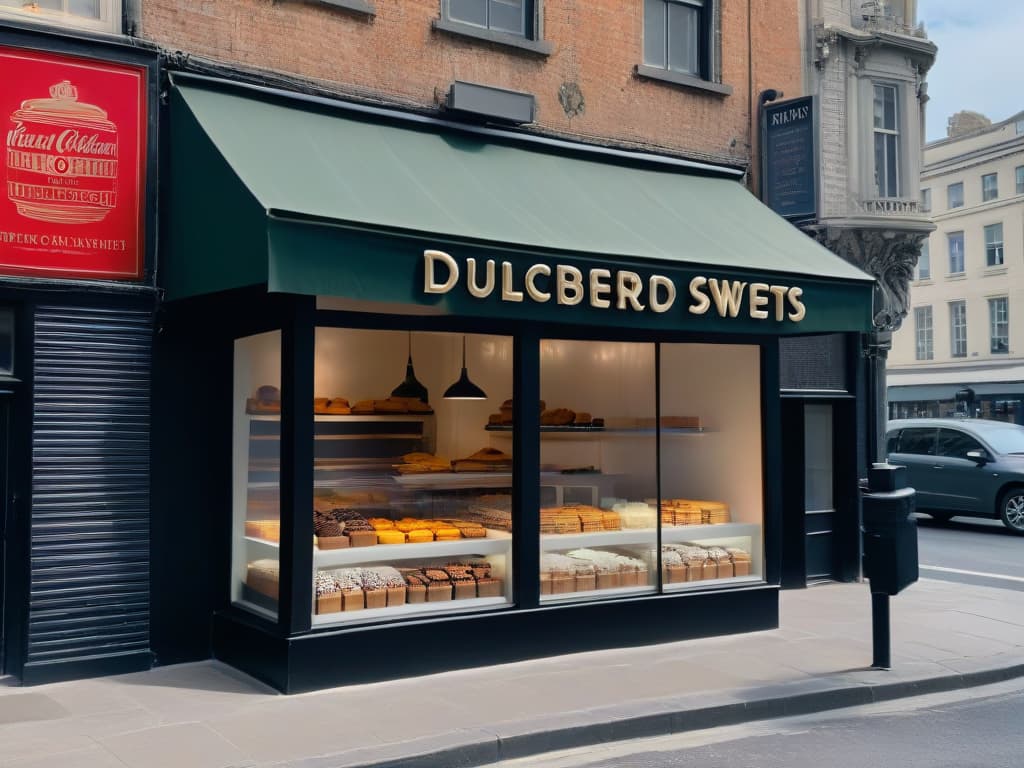  A minimalistic yet impactful black and white image of a vintage bakery storefront from the 1920s era. The storefront is adorned with elegant art deco signage that reads "Dulces Prohibidos" (Forbidden Sweets) in stylish cursive letters. Through the large display window, various decadent pastries and cakes can be seen, tempting the viewer with their intricate designs and delicate frosting. The scene is set against a backdrop of a bustling city street, with vintage cars and welldressed pedestrians adding to the nostalgic atmosphere. hyperrealistic, full body, detailed clothing, highly detailed, cinematic lighting, stunningly beautiful, intricate, sharp focus, f/1. 8, 85mm, (centered image composition), (professionally color graded), ((bright soft diffused light)), volumetric fog, trending on instagram, trending on tumblr, HDR 4K, 8K