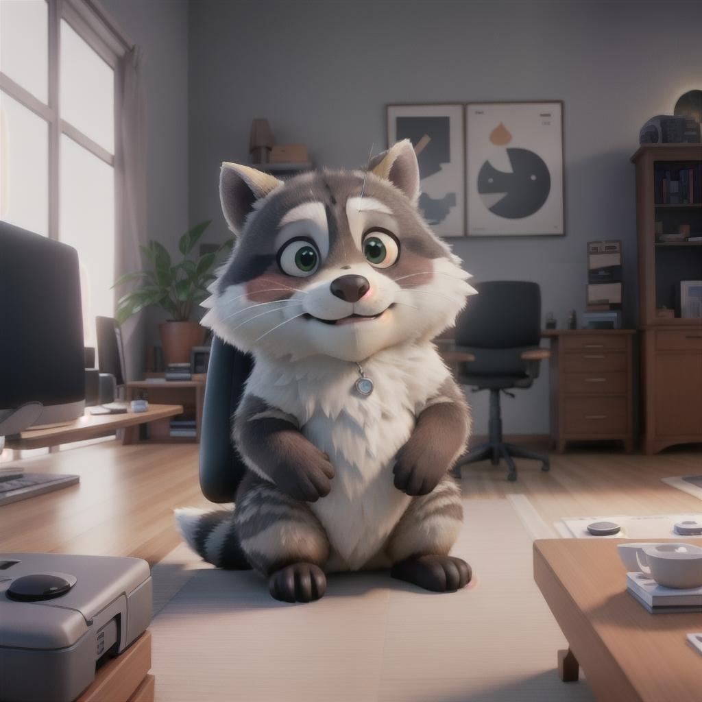  raccoon sitting in gaming chair front a computer on desktop, ((semi anthropomorphic)),(full body), tail, belly, sitting, fat, (chubby), (((white background))), solo, desktop, gaming chair, side view,  [[[clothes]]] hyperrealistic, full body, detailed clothing, highly detailed, cinematic lighting, stunningly beautiful, intricate, sharp focus, f/1. 8, 85mm, (centered image composition), (professionally color graded), ((bright soft diffused light)), volumetric fog, trending on instagram, trending on tumblr, HDR 4K, 8K