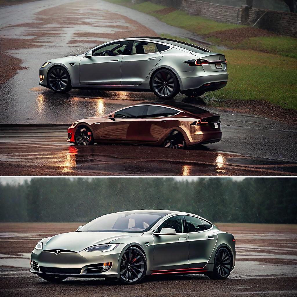  masterpiece, best quality,Tesla Model S in rain ,