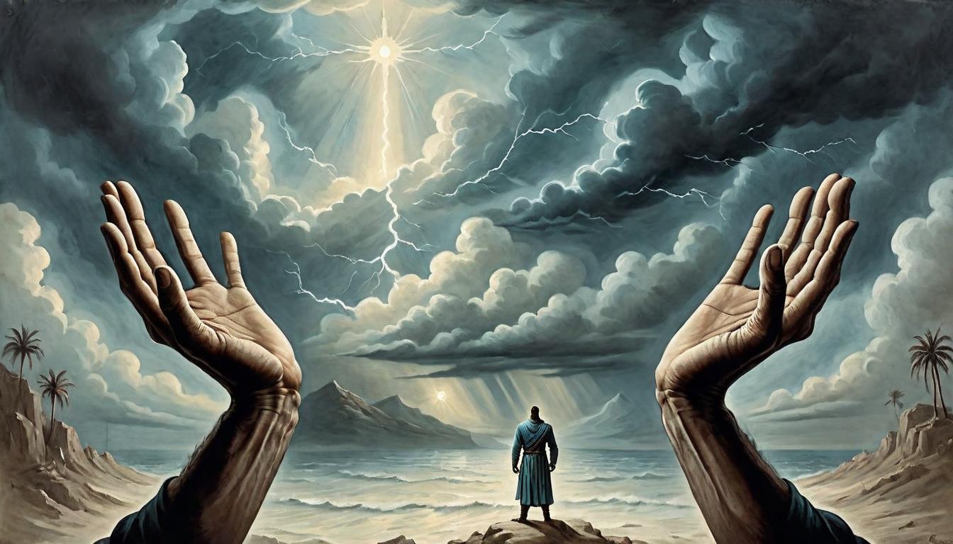  on parchment, surrealism+++, A figure with eyes closed, hands open towards a stormy sky, bolts of light connecting to the palms, direct divine dialogue, seeking guidance(mysterious, provocative, symbolic,muted color)+++