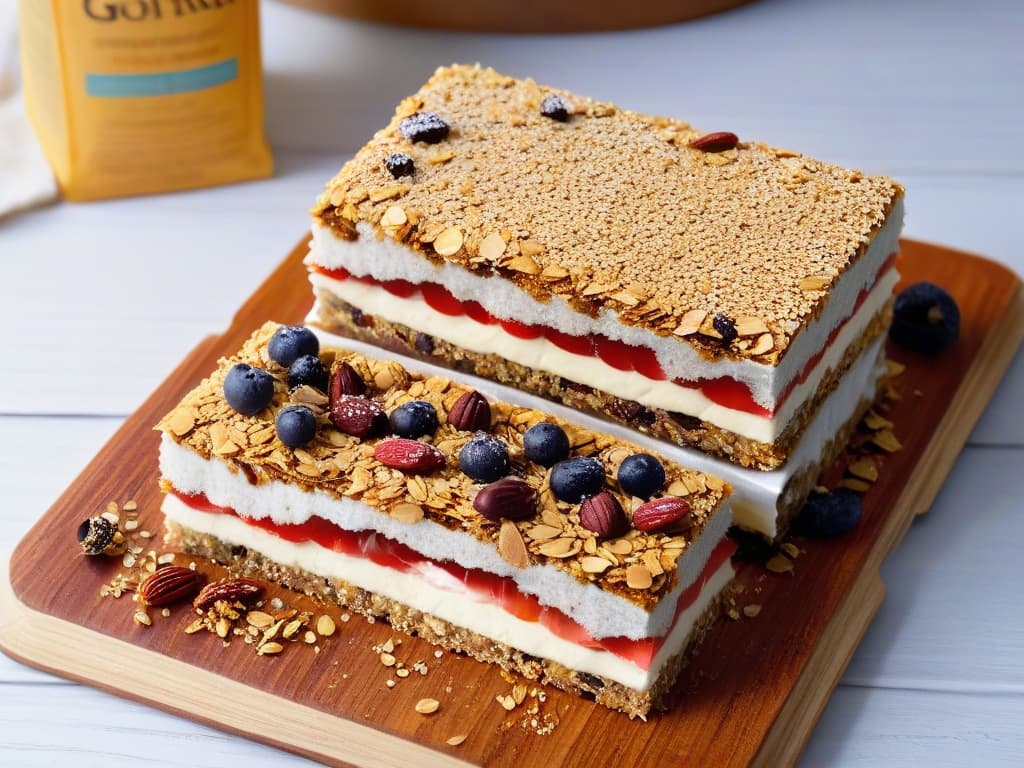  A closeup, ultradetailed image of a variety of homemade energy bars neatly arranged on a rustic wooden cutting board. Each bar is uniquely decorated with colorful superfood toppings like goji berries, chia seeds, and cacao nibs, showcasing different textures and flavors. The bars glisten under soft natural light, highlighting their wholesome ingredients and inviting presentation. hyperrealistic, full body, detailed clothing, highly detailed, cinematic lighting, stunningly beautiful, intricate, sharp focus, f/1. 8, 85mm, (centered image composition), (professionally color graded), ((bright soft diffused light)), volumetric fog, trending on instagram, trending on tumblr, HDR 4K, 8K