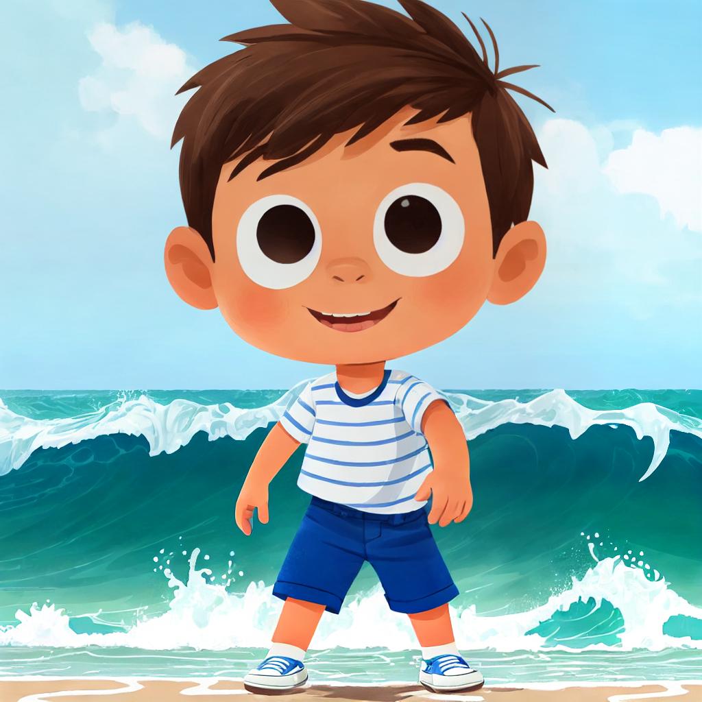  (best quality:1.5),(realistic:1.0), 1boy, short brown hair, blue stripped t shrit, black long pants, white shoes, surfing, ocean