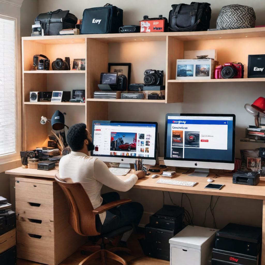  A person reselling on eBay. The image should depict an individual in a home office environment surrounded by various items like electronics, clothes, and collectibles, all in neat piles or on shelves organized for sale. The person is at a computer with eBay's website on the screen, actively listing items or managing their online shop. There should be packaging materials on the desk, indicating that they are preparing items for shipment. The mood is industrious and focused, with the room well-lit and the scene conveying a sense of small business entrepreneurship. hyperrealistic, full body, detailed clothing, highly detailed, cinematic lighting, stunningly beautiful, intricate, sharp focus, f/1. 8, 85mm, (centered image composition), (professionally color graded), ((bright soft diffused light)), volumetric fog, trending on instagram, trending on tumblr, HDR 4K, 8K