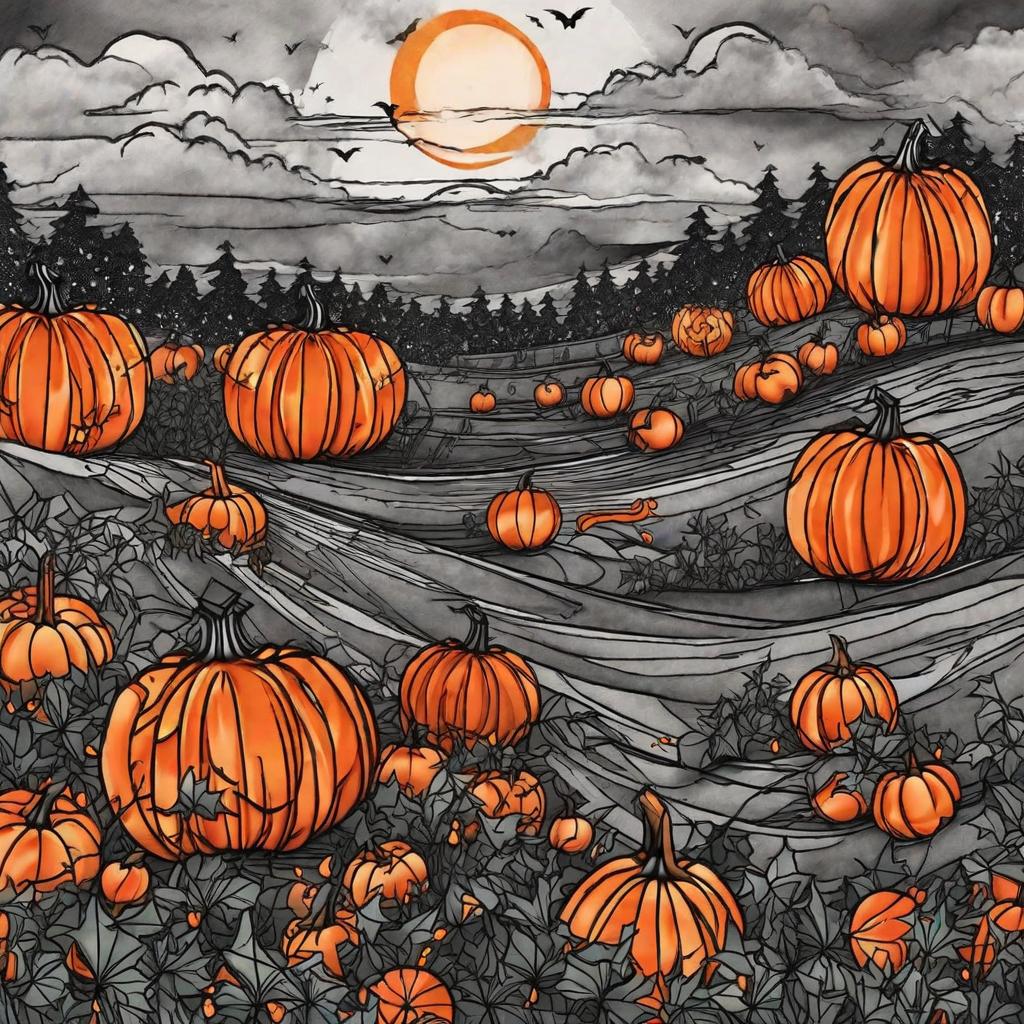  Conjure a surreal pumpkin patch, where mystical flames dance on jack o' lanterns under a haunting moonlit sky.