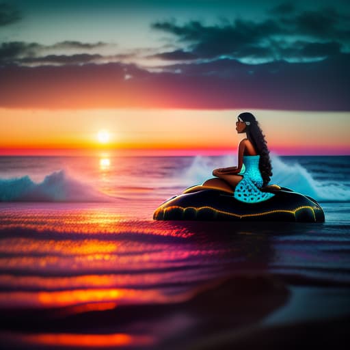 estilovintedois estilovintedois, Hawaiian,female, mermaid, sitting on top of giant sea turtle, in the ocean, sunset in background , highly detailed, cinematic lighting, intricate, sharp focus, f/1. 8, 85mm, (centered image composition), (professionally color graded), ((bright soft diffused light)), volumetric fog, trending on instagram, HDR 4K, 8K