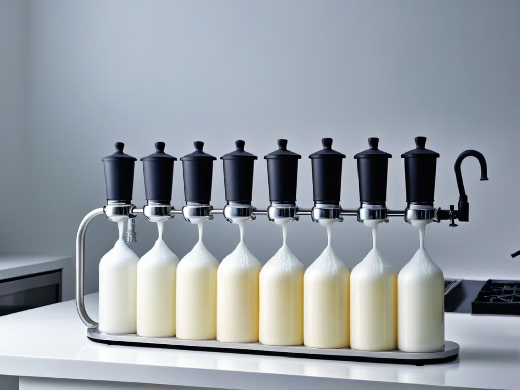  A sleek, minimalistic image showcasing a lineup of the top five kitchen siphons for making sweet creams and foams. The siphons are elegantly displayed on a clean, white countertop, each one labeled with its unique features and brand name. The background is softly blurred to keep the focus on the siphons, emphasizing their professional and highquality design. hyperrealistic, full body, detailed clothing, highly detailed, cinematic lighting, stunningly beautiful, intricate, sharp focus, f/1. 8, 85mm, (centered image composition), (professionally color graded), ((bright soft diffused light)), volumetric fog, trending on instagram, trending on tumblr, HDR 4K, 8K