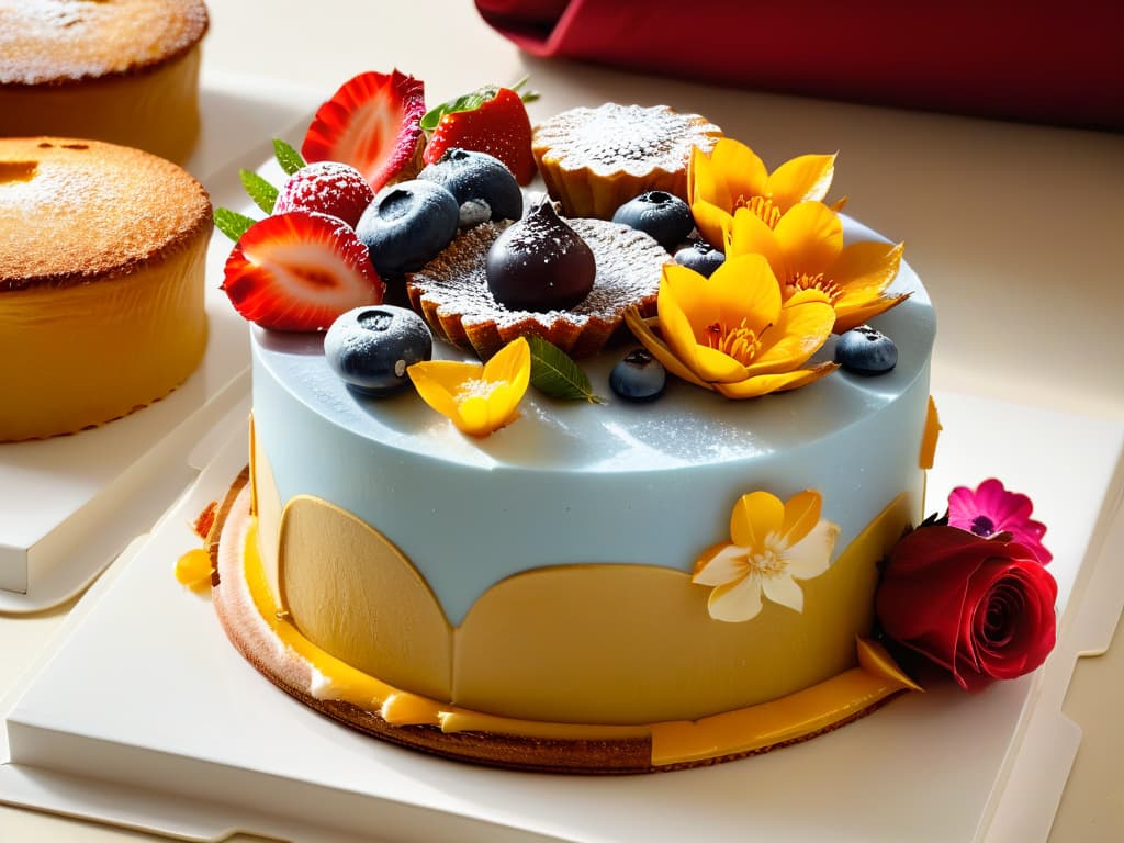  A closeup, photorealistic image of a beautifully arranged assortment of freshly baked pastries and desserts sweetened with agave nectar. The pastries are delicately decorated with edible flowers and fruits, highlighting the natural sweetness and benefits of using agave in modern baking. The golden hues of the agave sweetened treats glisten under soft natural lighting, showcasing the intricate details and textures of each dessert. hyperrealistic, full body, detailed clothing, highly detailed, cinematic lighting, stunningly beautiful, intricate, sharp focus, f/1. 8, 85mm, (centered image composition), (professionally color graded), ((bright soft diffused light)), volumetric fog, trending on instagram, trending on tumblr, HDR 4K, 8K