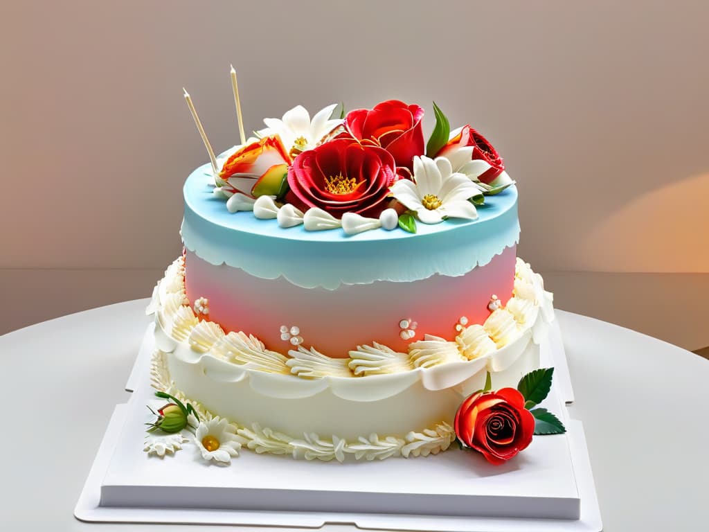  An image of a sleek, modern smartphone displaying an intricate, lifelike 3D rendering of a beautifully decorated wedding cake hovering above the screen. The cake features delicate fondant details, vibrant floral decorations, and elegant piping work, all enhanced by the subtle glow of augmented reality technology. The background is a soft, blurred gradient to emphasize the cake and the futuristic element of AR, creating a visually striking and minimalist composition that perfectly complements the theme of the article. hyperrealistic, full body, detailed clothing, highly detailed, cinematic lighting, stunningly beautiful, intricate, sharp focus, f/1. 8, 85mm, (centered image composition), (professionally color graded), ((bright soft diffused light)), volumetric fog, trending on instagram, trending on tumblr, HDR 4K, 8K