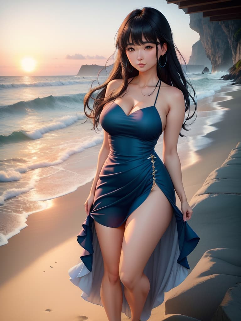  An cute and anime wearing blue china dress, black mid length hair with bangs, bare shoulders, bare arms, exudes feminine charm, greeny eyes with attractive lashes, full subtle mauve lipstick, large s covered by curved fit dress, blush, expression on face Background:serene beach at sunrise, soft golden sunlight reflecting on gentle waves, clear blue sky with light clouds, seashells scattered along the sandy shore, tranquil ocean horizon, seagulls in the distance, peaceful, pristine natural setting, soft foam on the edge of the waves, warm and inviting atmosphere, undisturbed shoreline. Dress: , no jewelry, top and bottoms, no shoes. hyperrealistic, full body, detailed clothing, highly detailed, cinematic lighting, stunningly beautiful, intricate, sharp focus, f/1. 8, 85mm, (centered image composition), (professionally color graded), ((bright soft diffused light)), volumetric fog, trending on instagram, trending on tumblr, HDR 4K, 8K