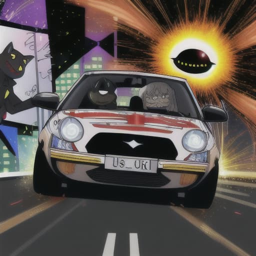  car crash, explosion, Evel grin in the sky, business suit, black cat, Lazers