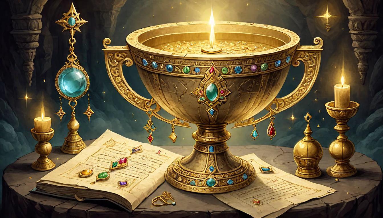  on parchment, surrealism+++, Golden chalice encrusted with jewels, resting on a dark altar, soft ethereal glow around it, symbols of wealth and prosperity, opulent, mystical, enchanting(mysterious, provocative, symbolic,muted color)+++