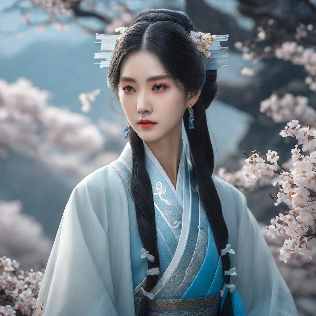  masterpiece, best quality, (Fidelity: 1.4), Best Quality, Masterpiece, Ultra High Resolution, Poster, Fantasy Art, Very Detailed Faces, 8k resolution, Chinese Style, An woman, Side Face, Quiet, Light Blue Hanfu, Tulle Coat, Long Black Hair, Light Blue Fringed Hair Ornament, Hairpin, White Ribbon, White Flower Bush, Light Blue Butterfly Flying, cinematic lighting effects