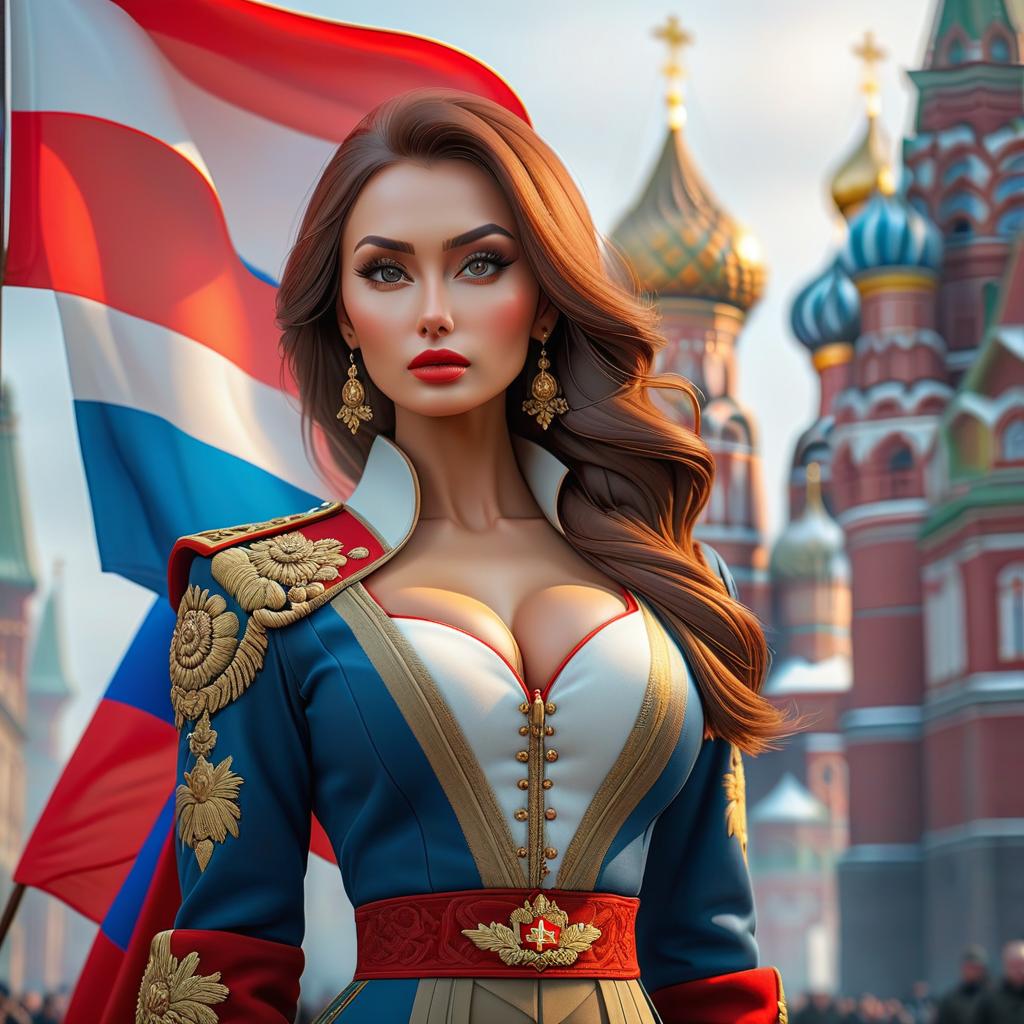  Flag of Russia in the background. hyperrealistic, full body, detailed clothing, highly detailed, cinematic lighting, stunningly beautiful, intricate, sharp focus, f/1. 8, 85mm, (centered image composition), (professionally color graded), ((bright soft diffused light)), volumetric fog, trending on instagram, trending on tumblr, HDR 4K, 8K