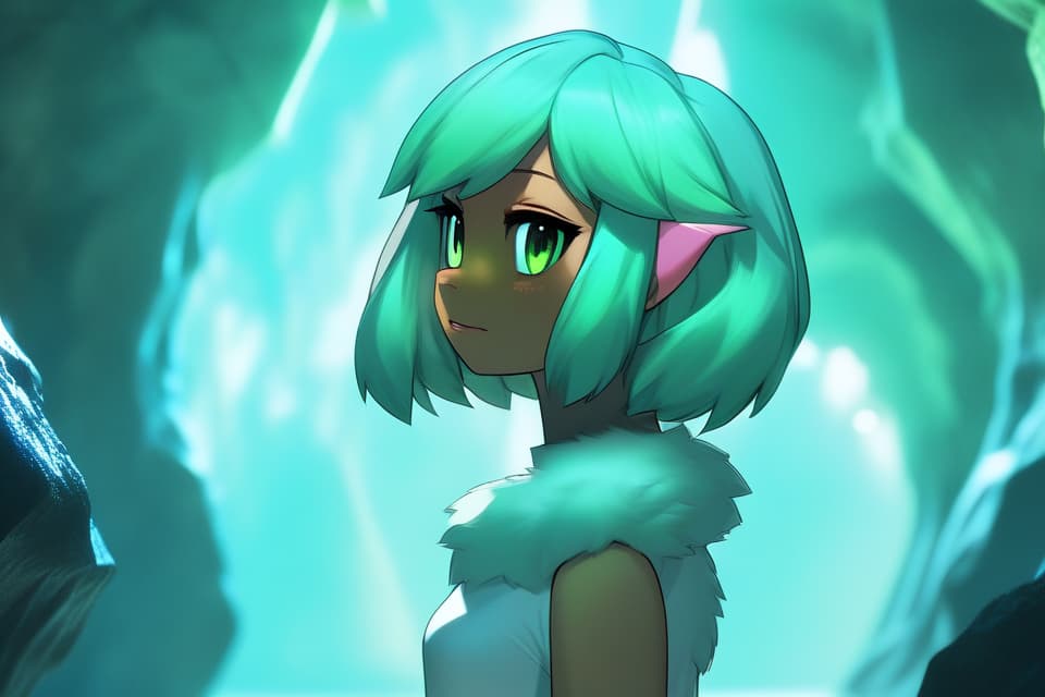  (madeon,in crystal cave,Crystal that reflects light,sparkling crystal,fantasy,science fiction:1.4),(incredibly absurdres),(highres),(top quality,masterpiece),((texture)),((contrast)),(sense of depth:1.3) BREAK solo,18yo,furry female, monster girl,tetrapod,cute face,wide eyed,(tanned skin,oily skin:1.3),pastel green hair,tail,(fur,body fur,neck fur,volumey fur:1.3),(looking away,top down bottom up:1.4),dynamic angle,