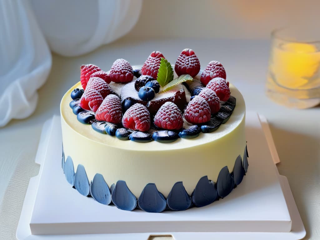  An ultradetailed image of a delicate, intricately designed dessert with minimalistic presentation. The dessert is a multilayered cake featuring vibrant, fresh fruits like raspberries, blueberries, and sliced kiwi arranged artfully on top. Each layer of the cake is perfectly even, showcasing the precision and skill involved in its creation. The backdrop is a simple, clean white plate that enhances the colorful, natural beauty of the dessert. The image captures the essence of modern pastry trends focusing on less sugar and more flavorful, highquality ingredients. hyperrealistic, full body, detailed clothing, highly detailed, cinematic lighting, stunningly beautiful, intricate, sharp focus, f/1. 8, 85mm, (centered image composition), (professionally color graded), ((bright soft diffused light)), volumetric fog, trending on instagram, trending on tumblr, HDR 4K, 8K