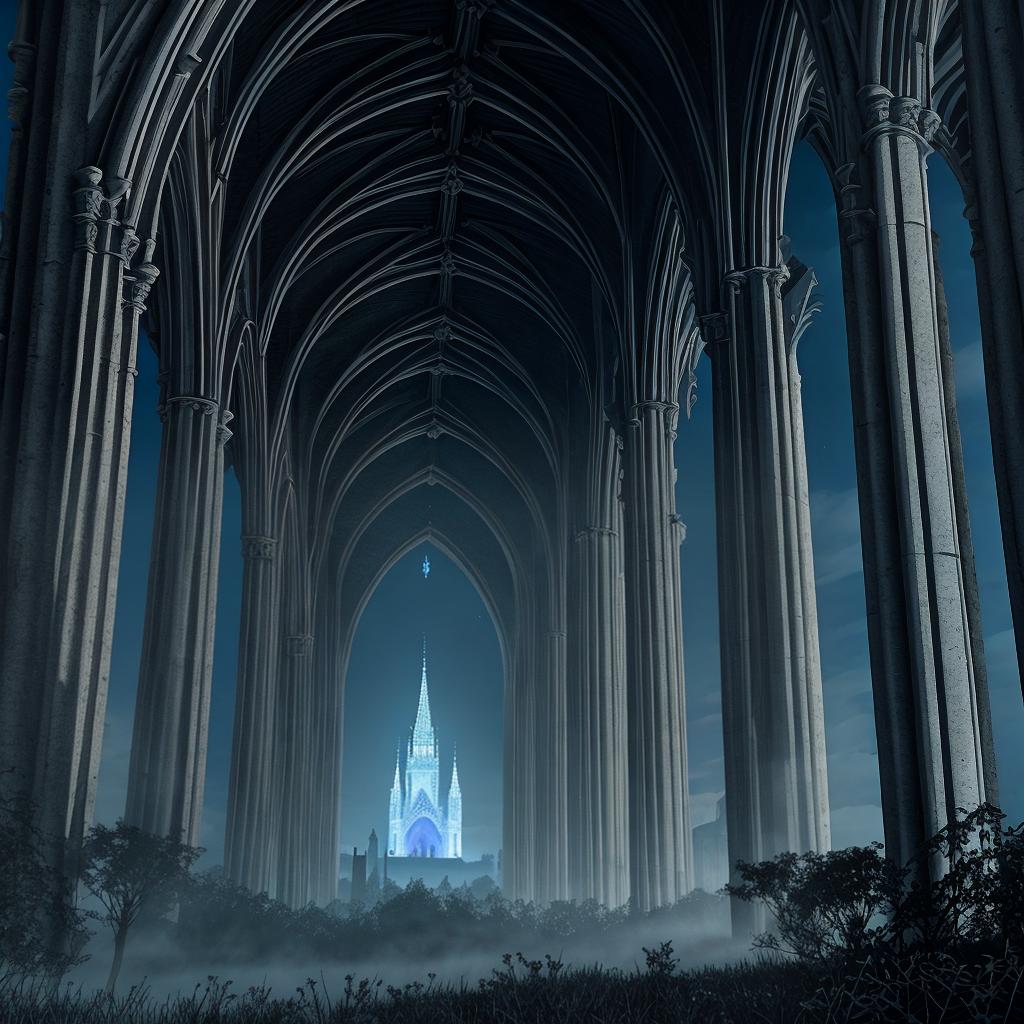  in a gothic aesthetic, Ethereal spires pierce the moonlit sky, as ancient arches weave tales of forgotten realms in a Gothic tapestry.