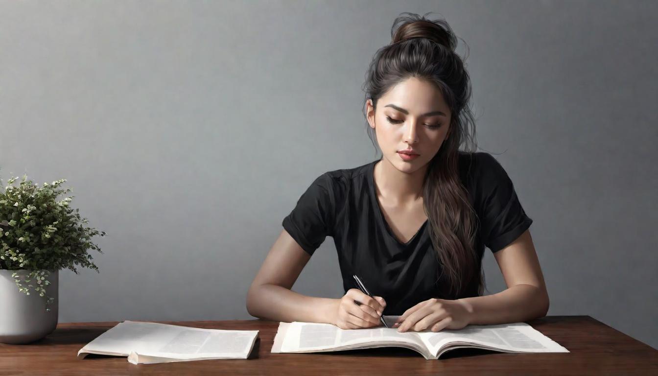  digital illustration, 1woman, sitting at a blank page, coffee cup nearby, disheveled hair, furrowed brows, background of a study with dim light, mood of stress, discontent, creative block, looking at viewer, dynamic pose, (intricate details, masterpiece, best quality)