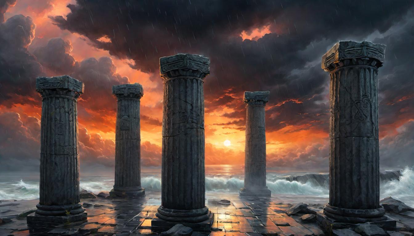  digital painting of Three pillars standing firm against a tempestuous sky, each inscribed with symbols of patience, steadfastness, and righteousness, unyielding, firm roots visible, embodying strength, resilience, stability, amidst chaos looking at viewer, dynamic pose, (intricate details, masterpiece, best quality)