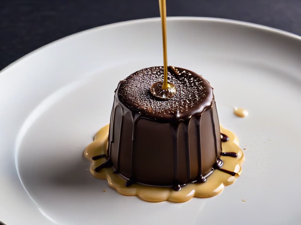  A closeup, ultradetailed image of a delicate chocolate truffle being drizzled with luxurious truffle oil, showcasing the intricate patterns and glossy texture of the delicacy. The truffle oil glistens under a soft ambient light, emphasizing its premium quality and adding an element of sophistication to the dessert. The minimalist composition focuses on the elegant simplicity of the dish, evoking a sense of culinary artistry and innovation in the realm of pastrymaking. hyperrealistic, full body, detailed clothing, highly detailed, cinematic lighting, stunningly beautiful, intricate, sharp focus, f/1. 8, 85mm, (centered image composition), (professionally color graded), ((bright soft diffused light)), volumetric fog, trending on instagram, trending on tumblr, HDR 4K, 8K