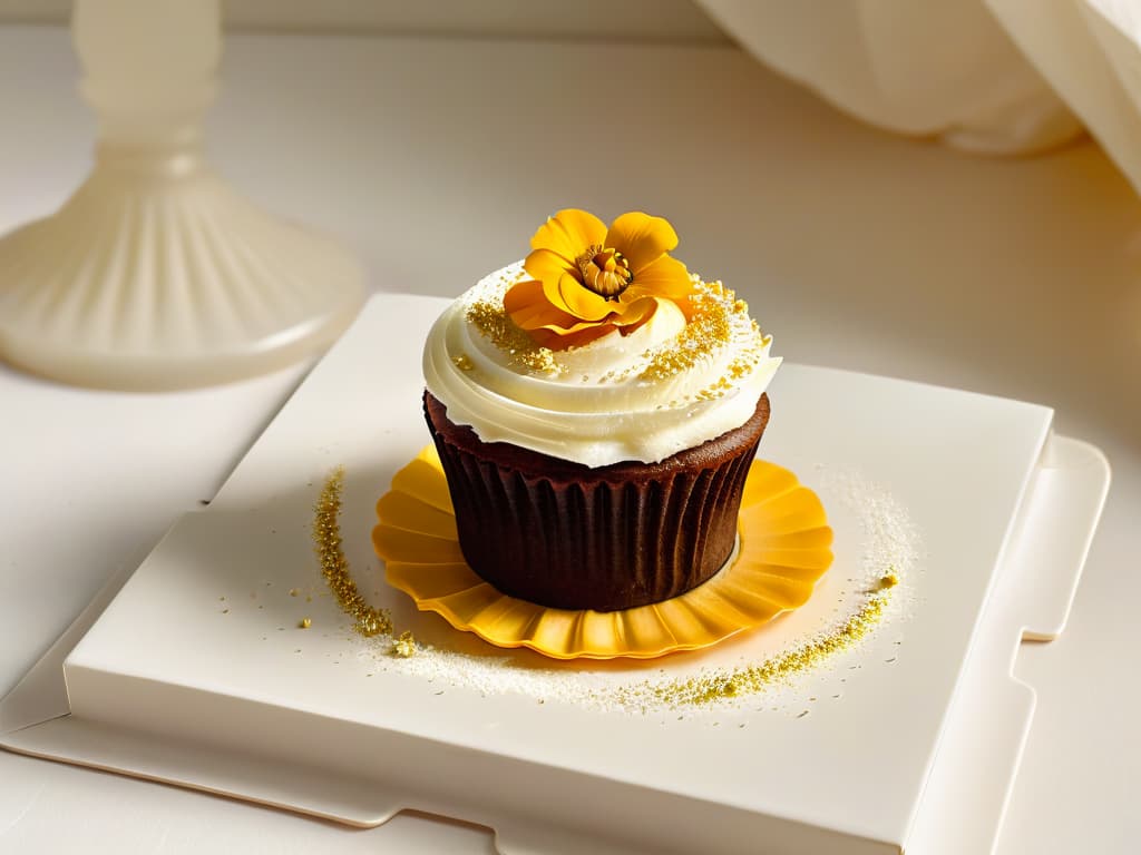  A closeup, ultradetailed image of a perfectly frosted glutenfree cupcake, topped with a delicate edible flower and a sprinkle of gold dust, displayed on a sleek, modern white plate against a softfocus background highlighting the intricate textures and vibrant colors of the dessert. hyperrealistic, full body, detailed clothing, highly detailed, cinematic lighting, stunningly beautiful, intricate, sharp focus, f/1. 8, 85mm, (centered image composition), (professionally color graded), ((bright soft diffused light)), volumetric fog, trending on instagram, trending on tumblr, HDR 4K, 8K