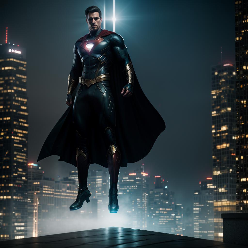  A powerful superhero standing on a city rooftop at dusk, with a flowing cape, glowing eye , and muscular physique hyperrealistic, full body, detailed clothing, highly detailed, cinematic lighting, stunningly beautiful, intricate, sharp focus, f/1. 8, 85mm, (centered image composition), (professionally color graded), ((bright soft diffused light)), volumetric fog, trending on instagram, trending on tumblr, HDR 4K, 8K