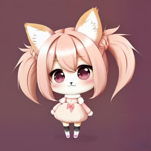  pink. furry. twin bun hair. girl. chibi. cute. kawaii. background cute cosmetics. blurred blush painting. cute fluffy fox. kemono.