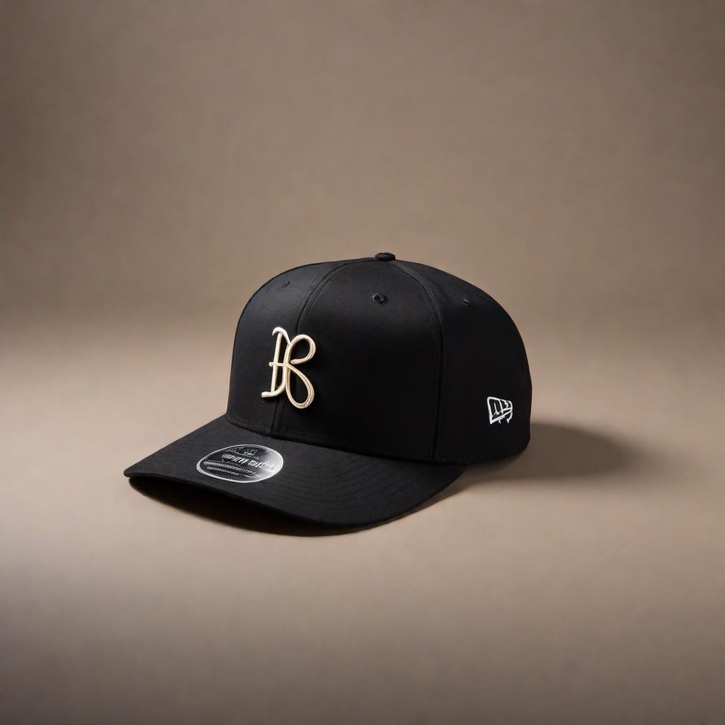  A flat bill hat in black color with the cursive initials 'BC' on the front. The hat should be stylish and modern, displayed in a neutral studio setting. hyperrealistic, full body, detailed clothing, highly detailed, cinematic lighting, stunningly beautiful, intricate, sharp focus, f/1. 8, 85mm, (centered image composition), (professionally color graded), ((bright soft diffused light)), volumetric fog, trending on instagram, trending on tumblr, HDR 4K, 8K