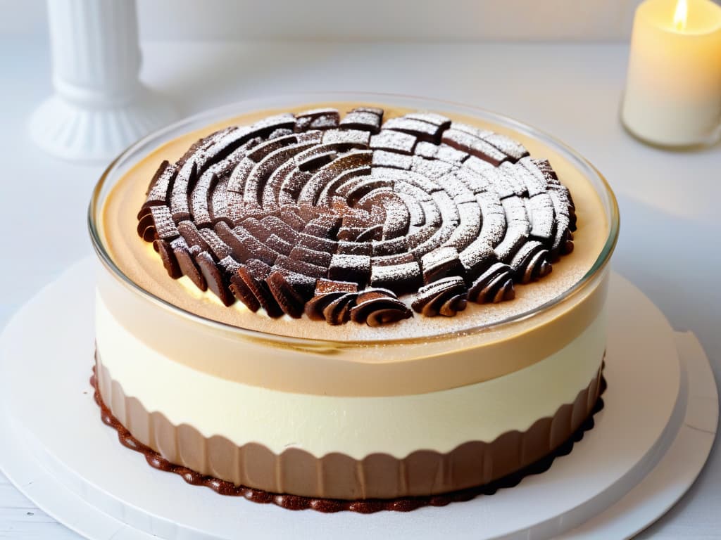  A closeup, highresolution image of a decadent tiramisú dessert served in a classic glass bowl, showcasing the layers of creamy mascarpone cheese, espressosoaked ladyfingers, and a dusting of rich cocoa powder on top. The focus is on the smooth texture of the mascarpone filling and the intricate details of the dessert, emphasizing the authentic Italian flavors and the indulgent nature of this beloved sweet treat. hyperrealistic, full body, detailed clothing, highly detailed, cinematic lighting, stunningly beautiful, intricate, sharp focus, f/1. 8, 85mm, (centered image composition), (professionally color graded), ((bright soft diffused light)), volumetric fog, trending on instagram, trending on tumblr, HDR 4K, 8K