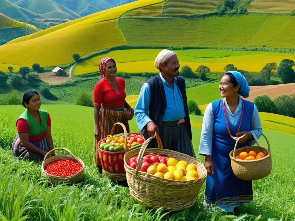  A detailed illustration of a diverse group of farmers from around the world, each wearing traditional clothing and holding baskets of colorful ethically sourced produce. The background is a serene, lush landscape with rolling hills and a clear blue sky. The image conveys a sense of community, sustainability, and global connection. hyperrealistic, full body, detailed clothing, highly detailed, cinematic lighting, stunningly beautiful, intricate, sharp focus, f/1. 8, 85mm, (centered image composition), (professionally color graded), ((bright soft diffused light)), volumetric fog, trending on instagram, trending on tumblr, HDR 4K, 8K