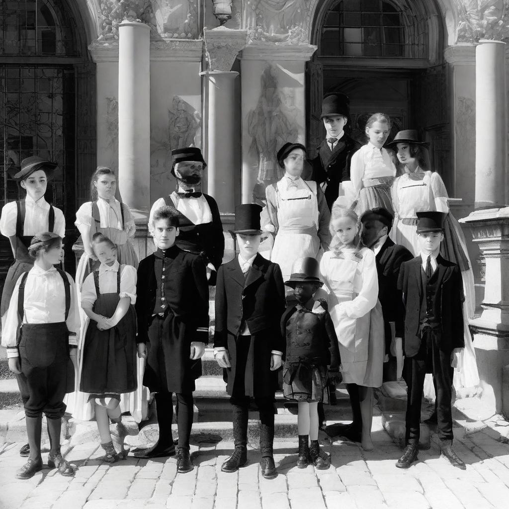  This is a black and white image that features a group of people, primarily ren and one , captured in an outdoor setting, possibly in front of a building as indicated by windows and architectural features in the background. The photograph appears to have been modified with a double exposure or similar effect, creating a ghostly, layered aesthetic. Some figures display more visible features while others are more blurred. Most of the ren are dressed in what looks like uniforms or formal attire. A couple of them wear white aprons. One noticeable towards the upper middle right of the image appears frazzled or blurred compared to others, adding an eerie quality to the scene. The image evokes a vintage or historical f