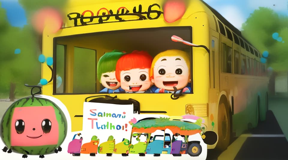  An animated scene featuring a colorful school bus with happy children inside. The school bus is painted yellow and has black stripes with the words 'School Bus'. The children are laughing happily and one of the babies holds a toy. In the background, there is a green park with trees and a clear blue sky. A mascot with a cute face like a watermelon appears in the scene, and the whole image is dominated by bright colors, creating a happy and energetic atmosphere