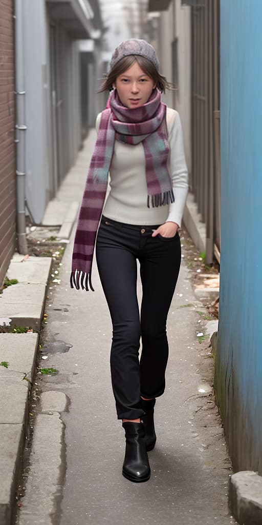  girl-takes off her pants, wearing a scarf, in an alley, back