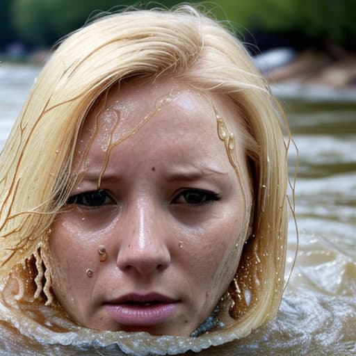  woman's face with blonde hair drowning in the river