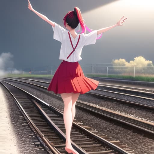  ogino chihiro, smile, ponytail, long arm shirt, red shorts, barefoot, railroad tracks, balancing, outstretched arms, water ,colorful, high contrast, random text 78 hyperrealistic, full body, detailed clothing, highly detailed, cinematic lighting, stunningly beautiful, intricate, sharp focus, f/1. 8, 85mm, (centered image composition), (professionally color graded), ((bright soft diffused light)), volumetric fog, trending on instagram, trending on tumblr, HDR 4K, 8K