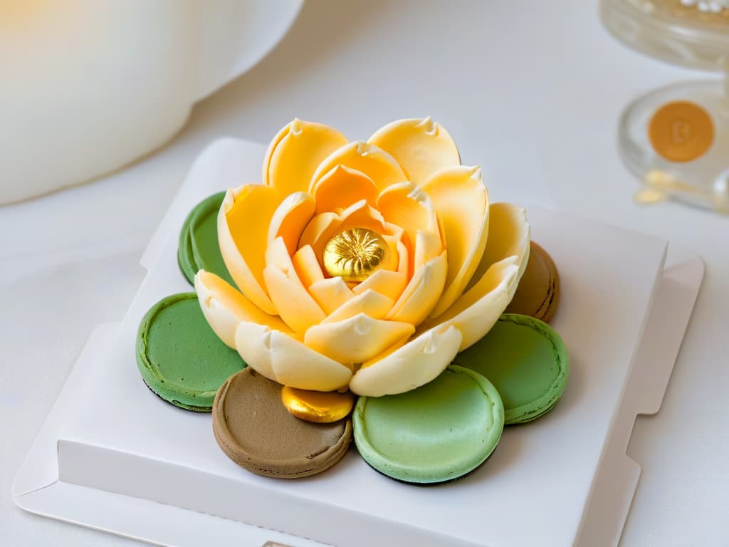  An intricate and delicately crafted Chinese lotus flower made entirely out of vibrant, multicolored macarons, each petal meticulously detailed with edible gold leaf. The background is a serene white, enhancing the vivid hues of the macarons and showcasing the artistry of this modern interpretation of traditional Chinese pastry techniques. hyperrealistic, full body, detailed clothing, highly detailed, cinematic lighting, stunningly beautiful, intricate, sharp focus, f/1. 8, 85mm, (centered image composition), (professionally color graded), ((bright soft diffused light)), volumetric fog, trending on instagram, trending on tumblr, HDR 4K, 8K