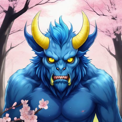  A manga anime portrait of a blue monster with small yellow horns, cherry blossom forest background,